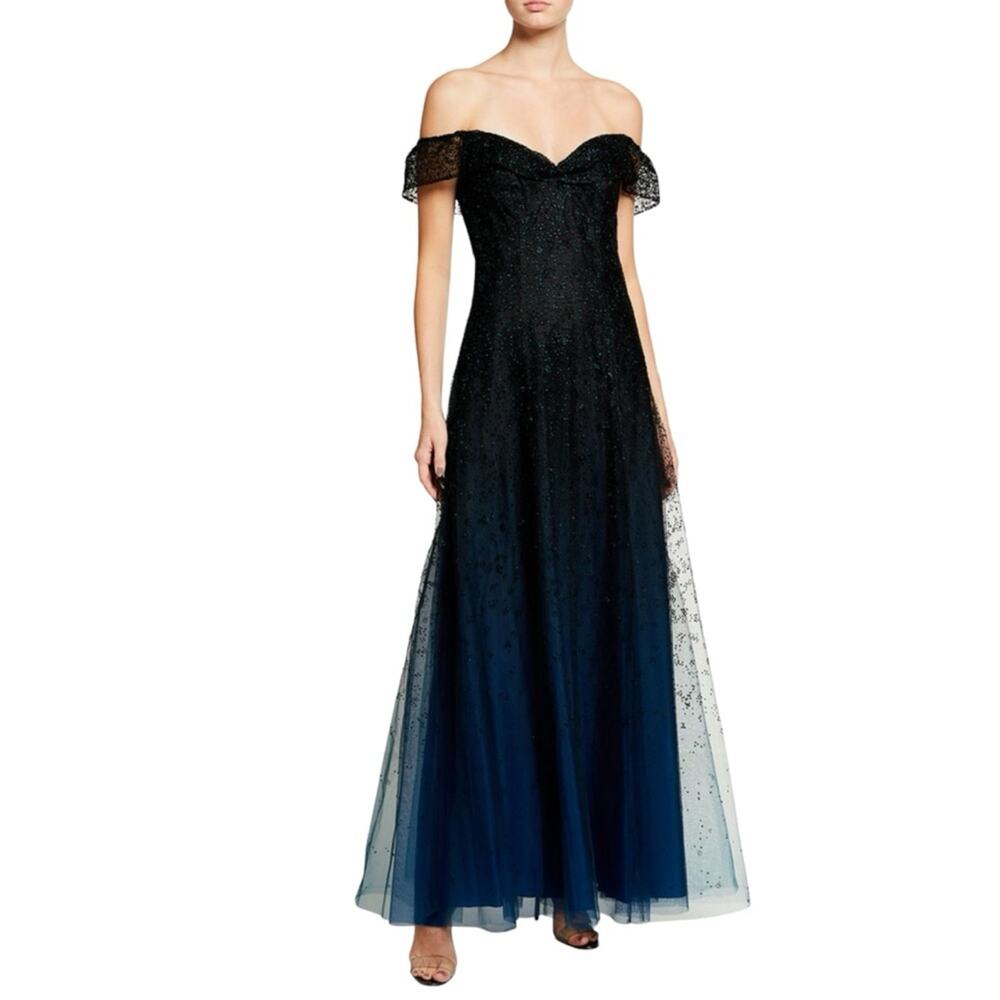 MARCHESA NOTTE Ombre Glitter Tulle Off The Shoulder A Line Gown in Teal